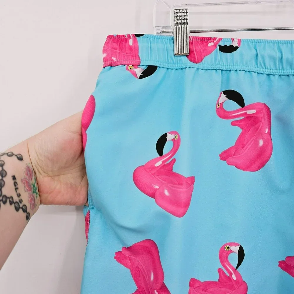 Asos Swim Shorts 2XL Blue Pink Flamingo Print Unlined Pockets Elastic Waist Tie